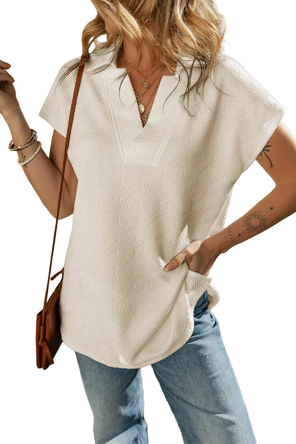 Black Textured V Neck Collared Slit Hem T Shirt - Stylish Top