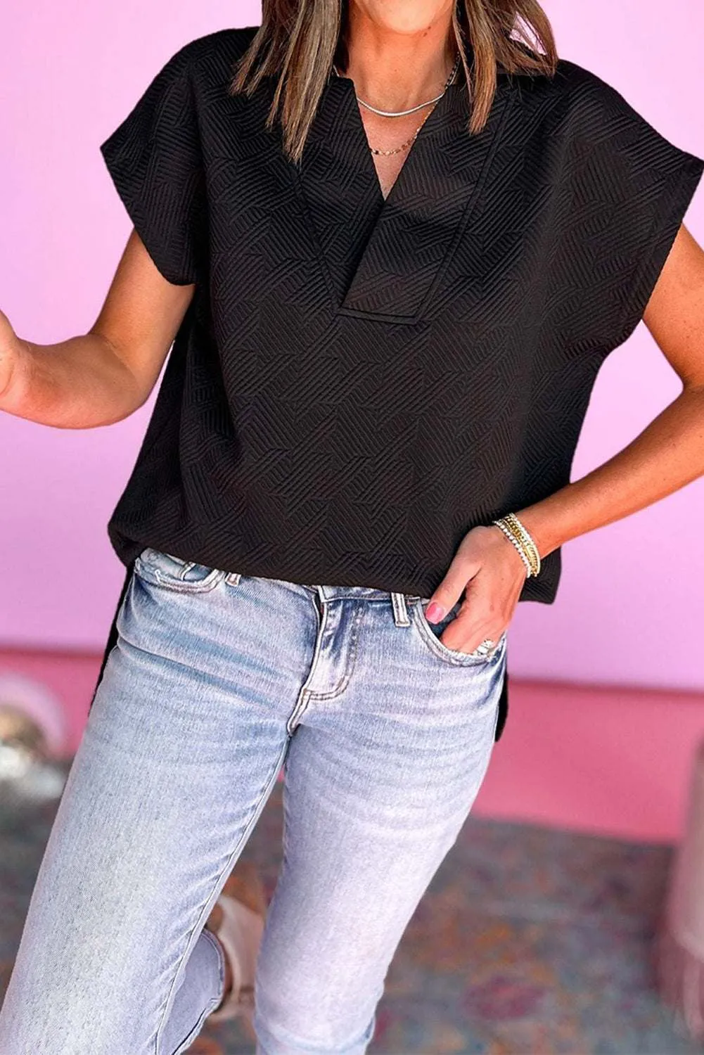 Black Textured V Neck Collared Slit Hem T Shirt - Stylish Top