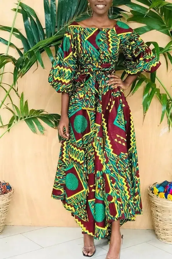 Boat Neck Ankara African Maxi Dress with sleeves