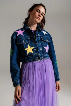 Crop Denim Jacket With Multicolored Stars