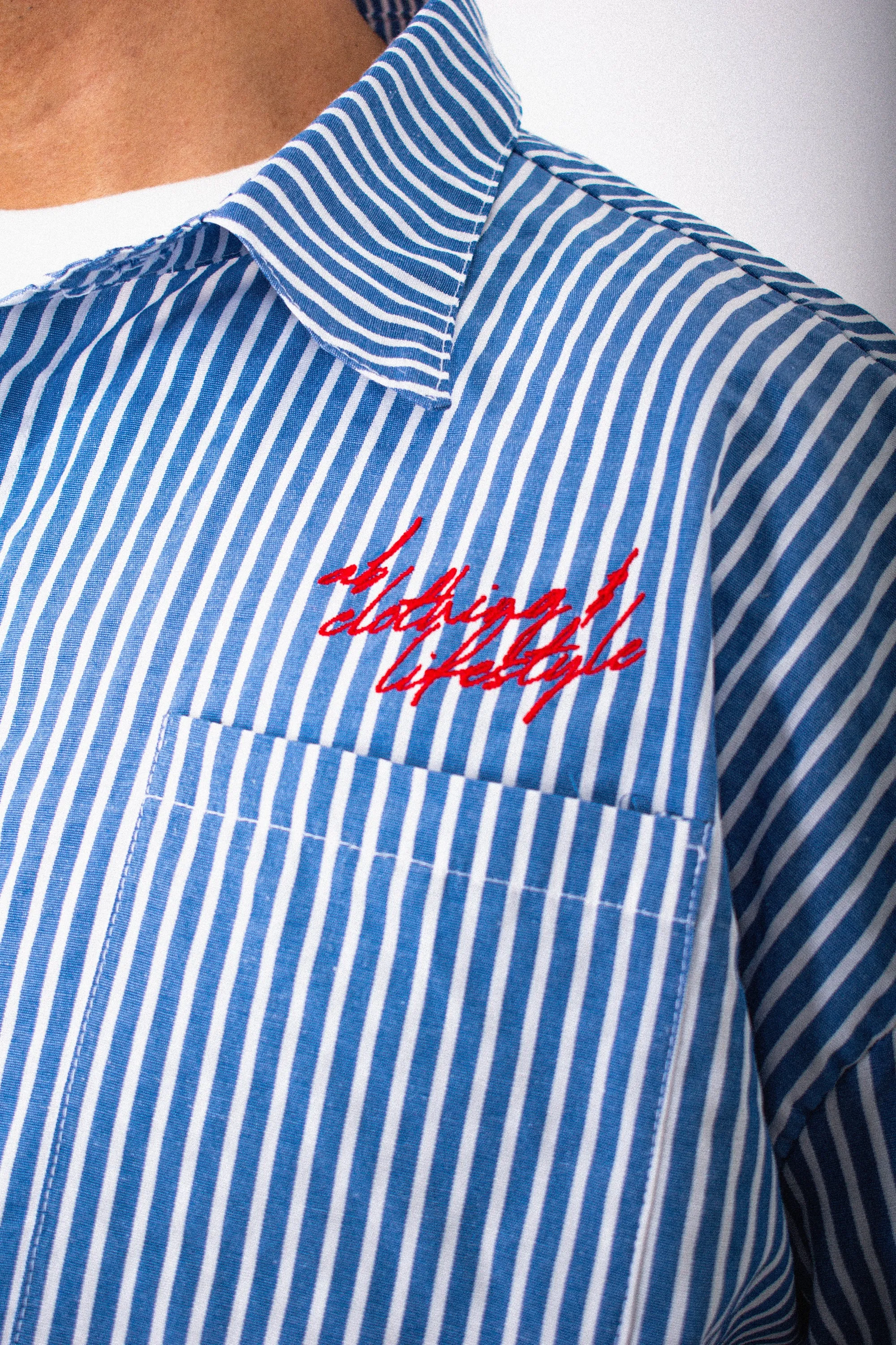 cropped polo shirt | button-down | drop shoulder | box fit | retro striped | vintage cambric | vintage blue