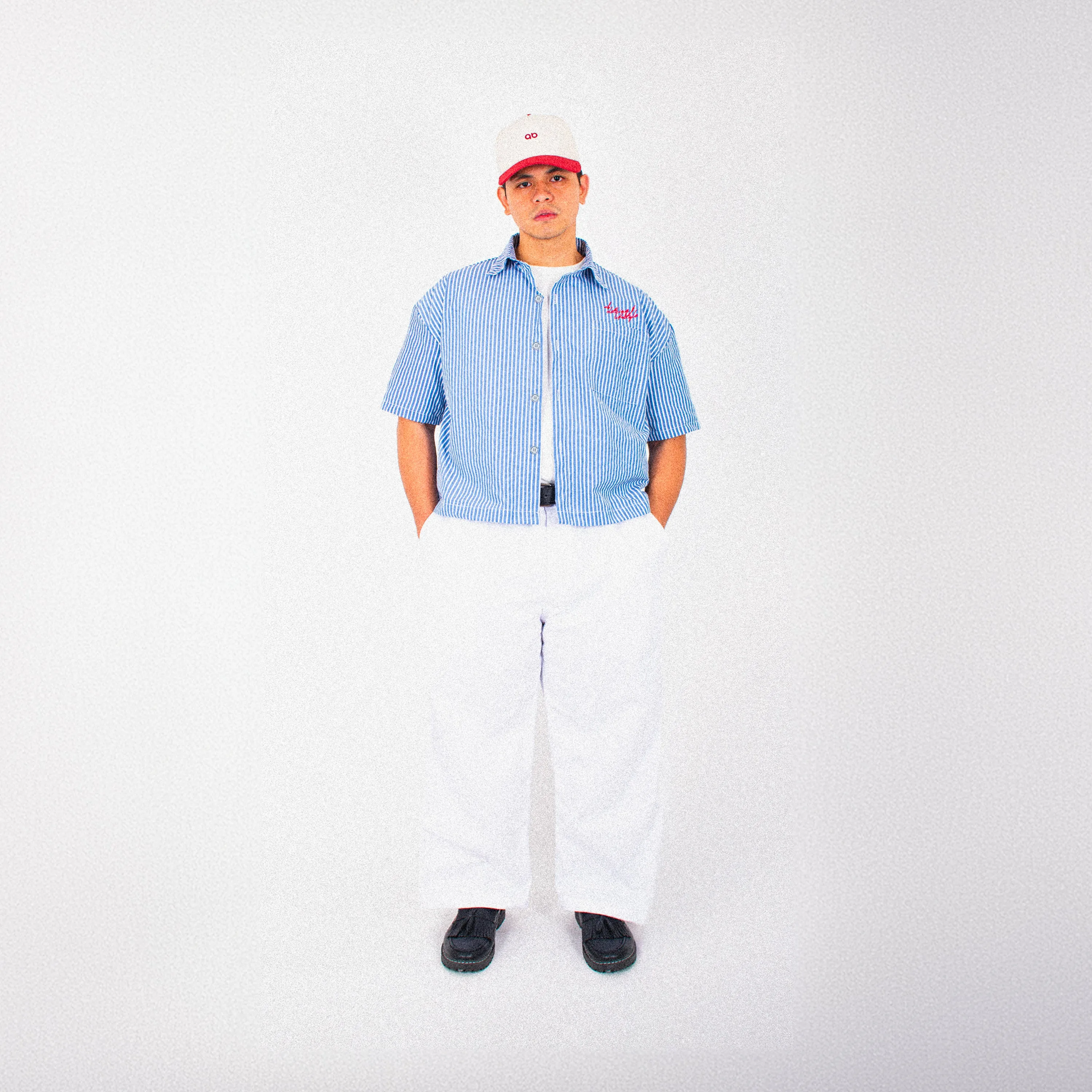cropped polo shirt | button-down | drop shoulder | box fit | retro striped | vintage cambric | vintage blue